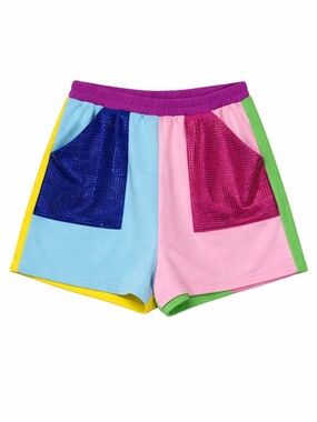 QUEEN OF SPARKLES rhinestone pocket shorts in colorblock